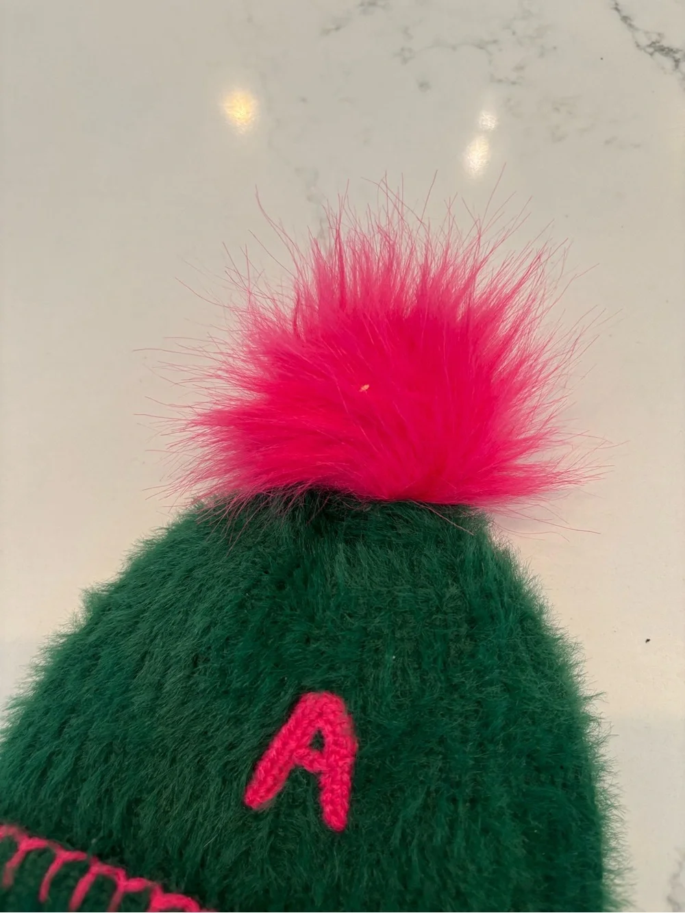 Dark Green Faux Fur Beanie with Hot Pink Pom Pom